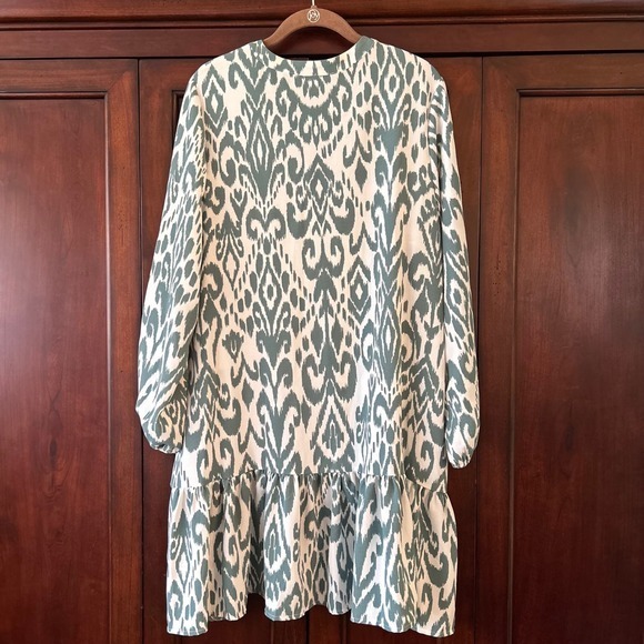 New Rachel Zoe Size XL Green White Dress Long Sleeve V-Neck Knee Length Tiered - Picture 3 of 11